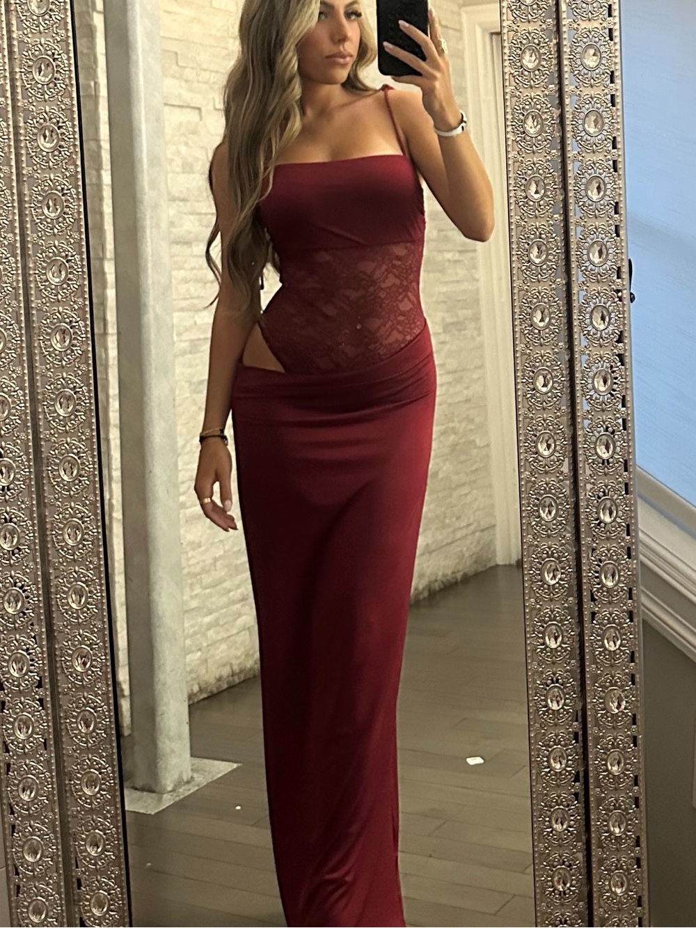 Women’s Burgundy Lace Cutout Evening Dress